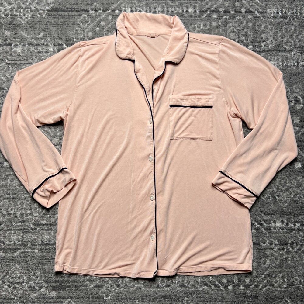 Eberjey Women's Gisele Pink Pajama Top Long Sleeve Medium Button Up Blue Piping